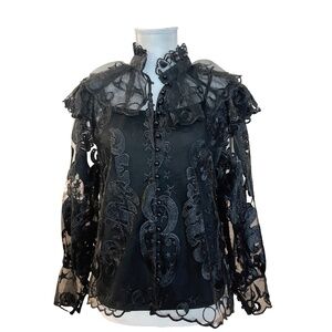 Item #A266  Nancy  Gothic Glam Romantic  Black Sheer Embroidered Blouse  NWT   L